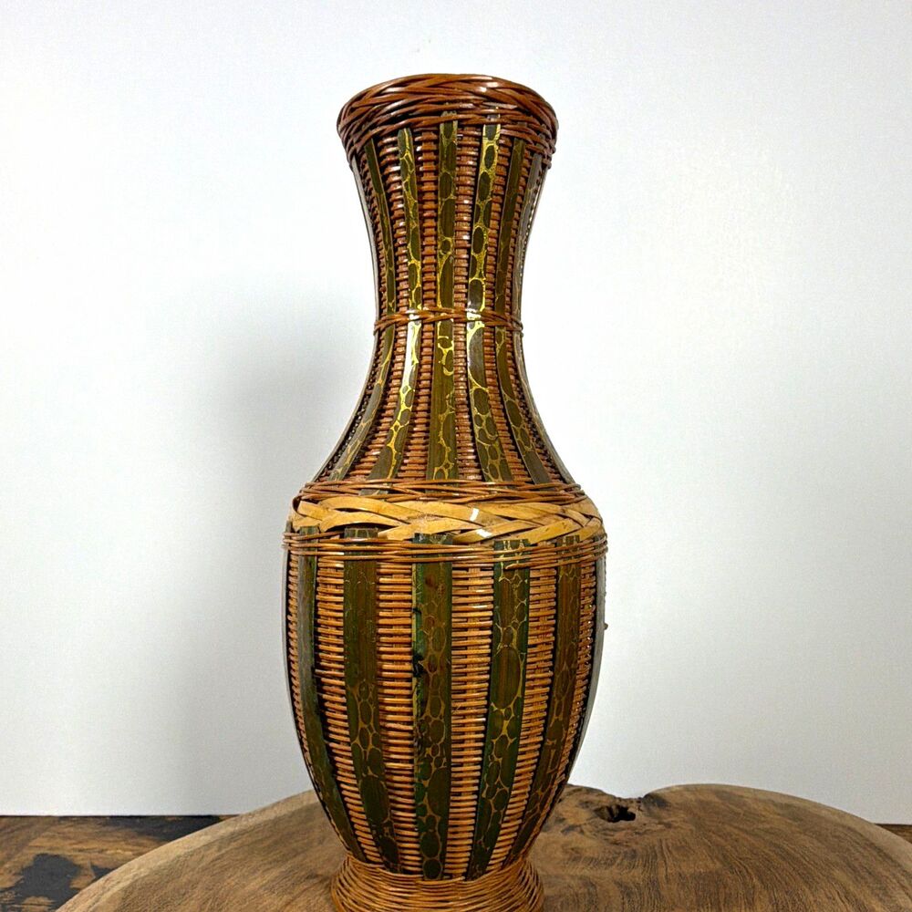 VTG 1970s Garden Path Designs Wicker & Bamboo Vase Boho Tortoise Panel 8.5"